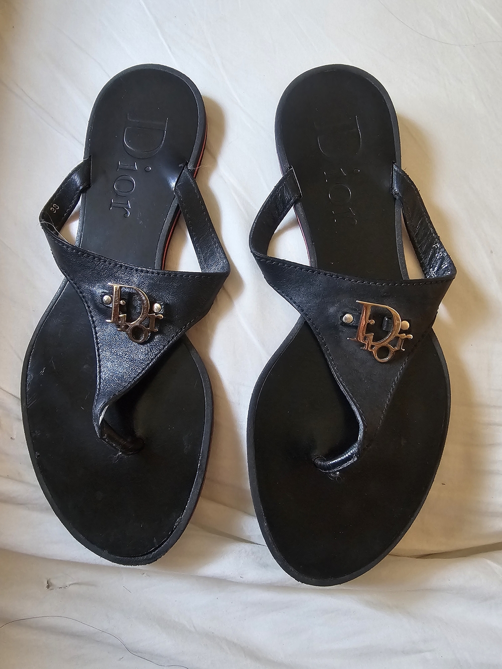 Dior Black Leather Thong Sandals with Gold Logo